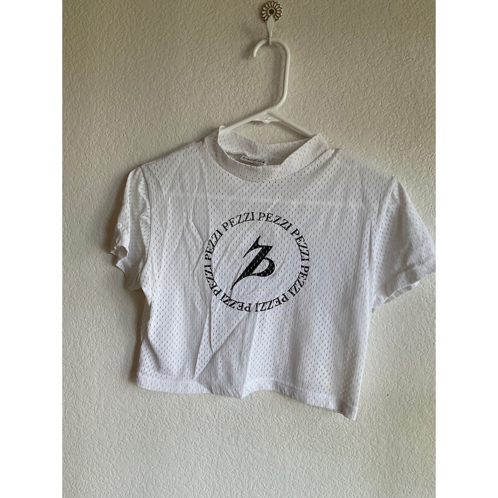 Pezzi Vintage Mesh Crop Top White Graphic Logo Short Sleeve Made in USA medium